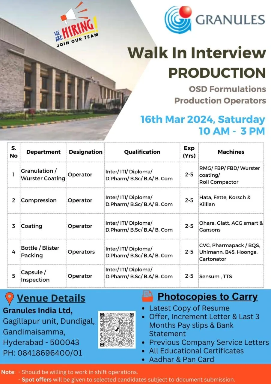 Granules India Limited - Walk-In Interviews for ITI, Diploma, Inter, D.Pharm, B.Com, B.Sc, B.A Candidates on 16th Mar 2024